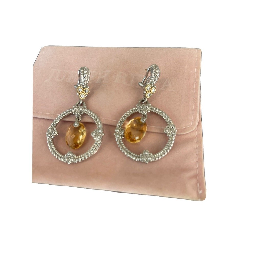 Couture Judith Ripka Citrine & Diamond Dangle SS & 18kt solid gold Earrings RARE